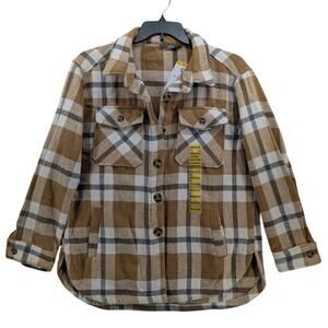 Member's Mark Plaid‎ Shacket Medium Tan White Womens Layer Shirt Jacket Boxy Fit